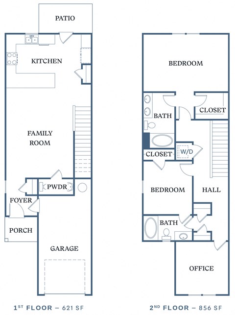 Floor plan for 2 beds, 2.5 baths, 1477 sqft